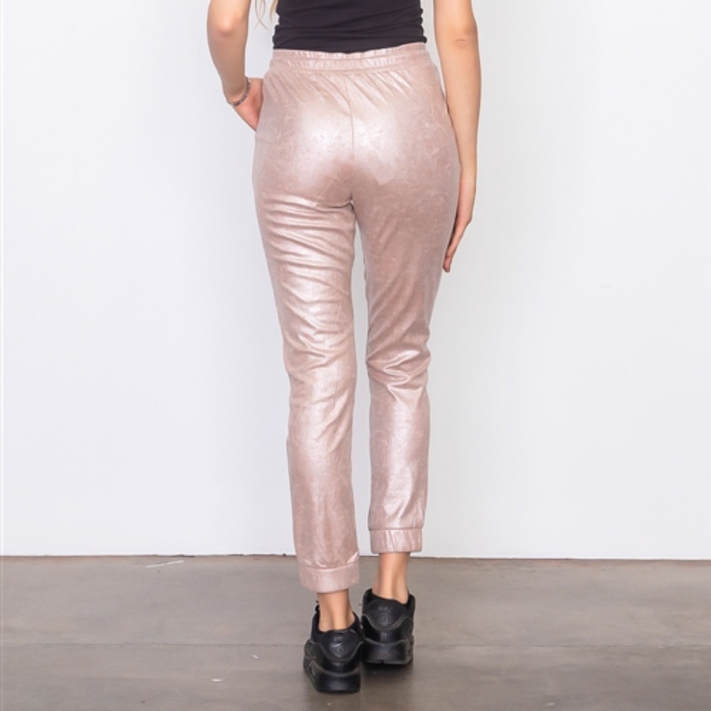 METALLIC BLUSH PINK SUEDE DRAWSTRING JOGGERS - Picture 2 of 8